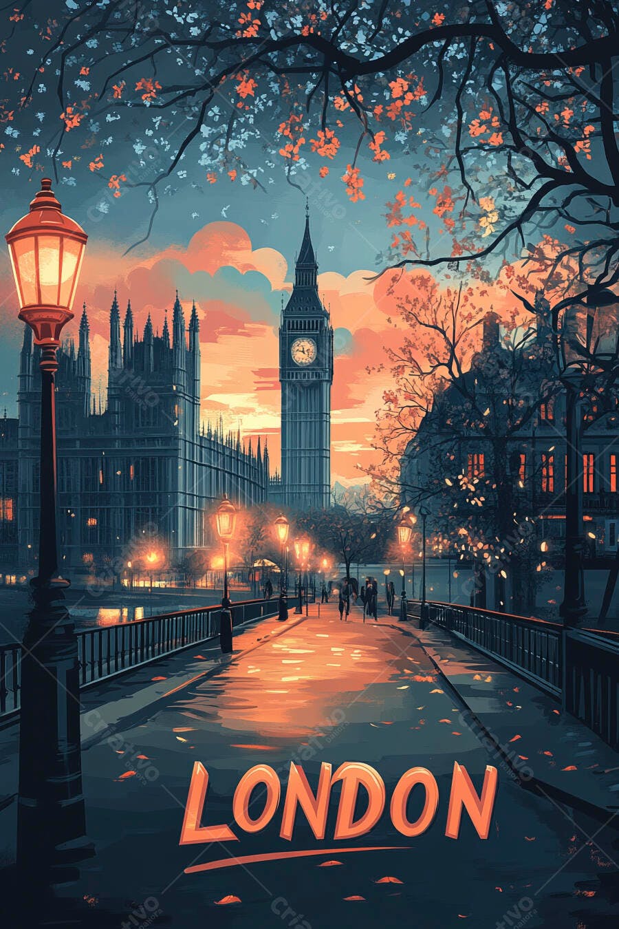 Big Ben e Parlamento em Londres ao pôr do sol com ponte iluminada e pessoas