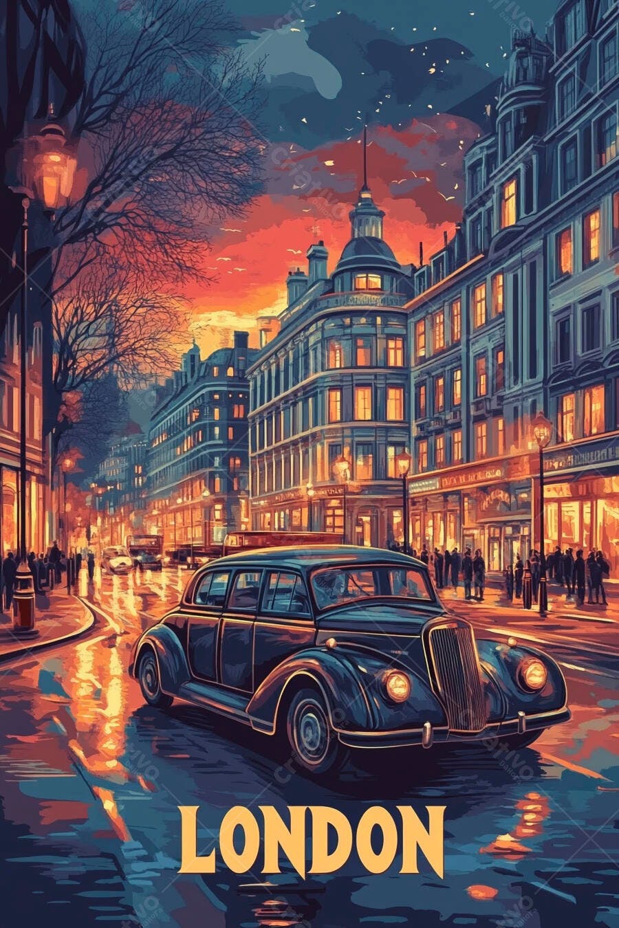 Carro vintage preto na vibrante rua de Londres ao pôr do sol arte ilustrada