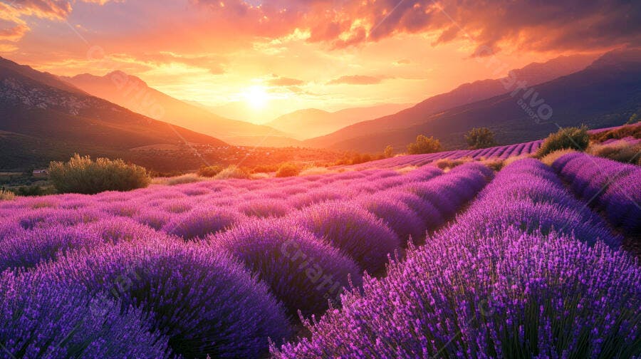 Campo de lavanda roxa vibrante ao pôr do sol dourado entre montanhas