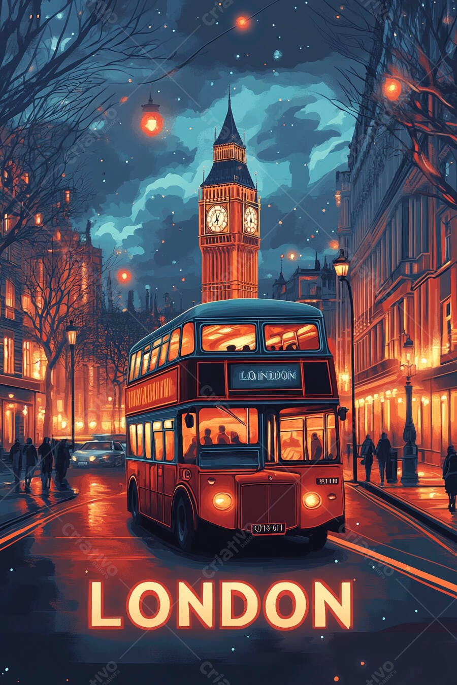 Ônibus vermelho de dois andares em Londres à noite com Big Ben