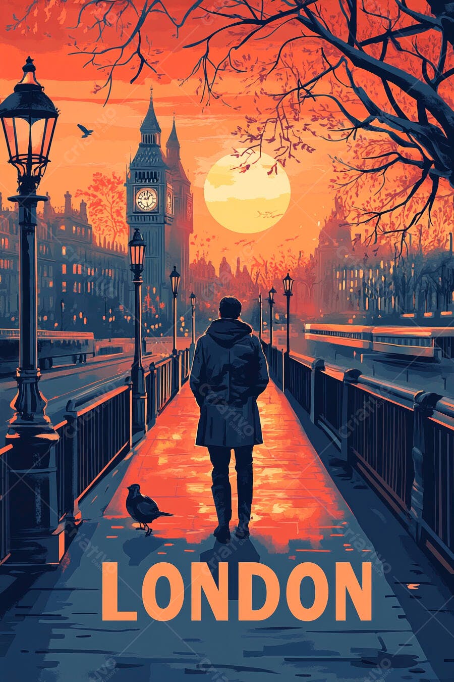 Homem caminhando na ponte de Londres ao pôr do sol com Big Ben