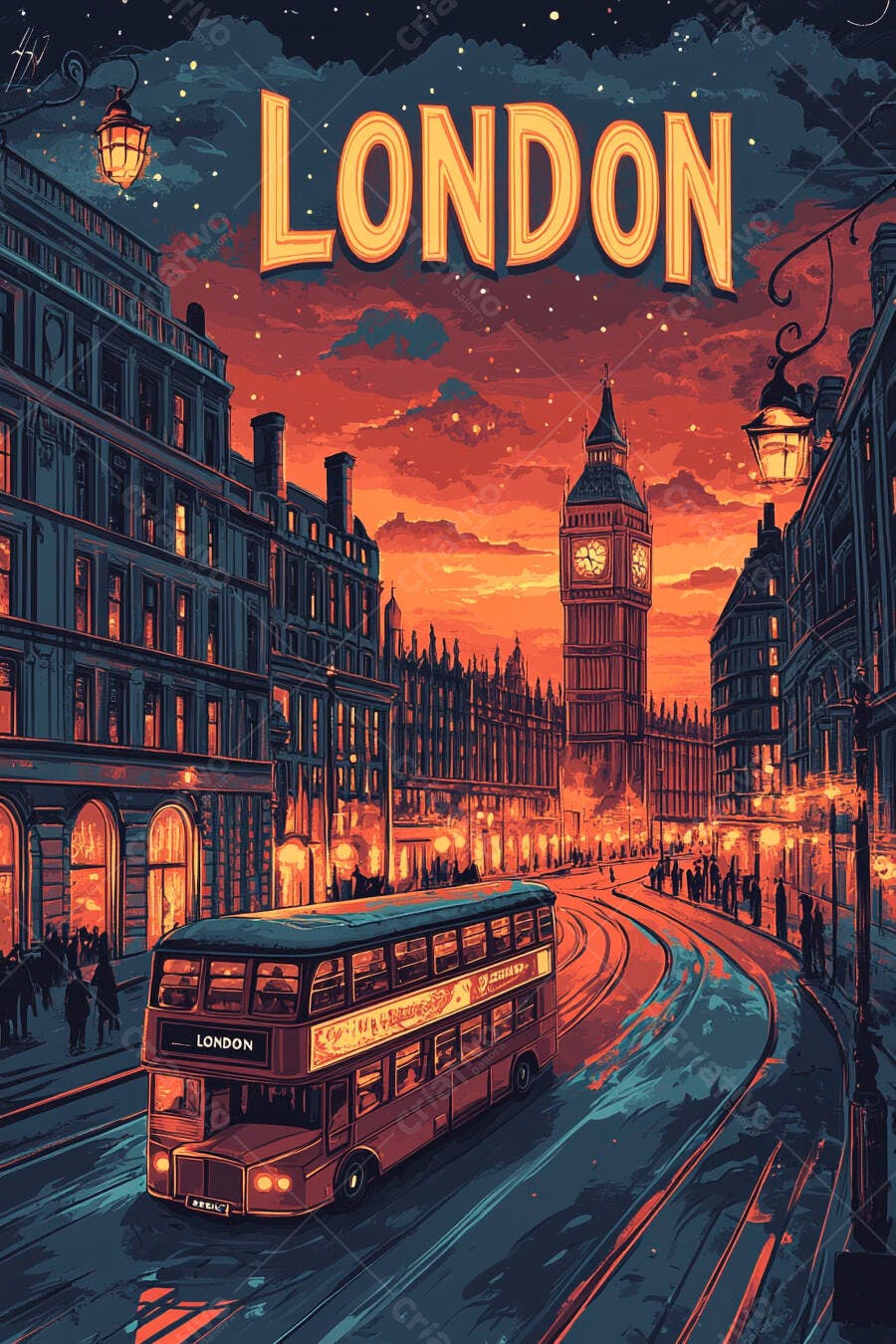 Londres pôr do sol Big Ben ônibus vermelho rua iluminada estilo ilustração