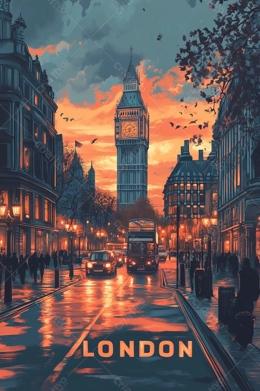 Big Ben Londres pôr do sol rua molhada com ônibus vermelho e pessoas ilustração