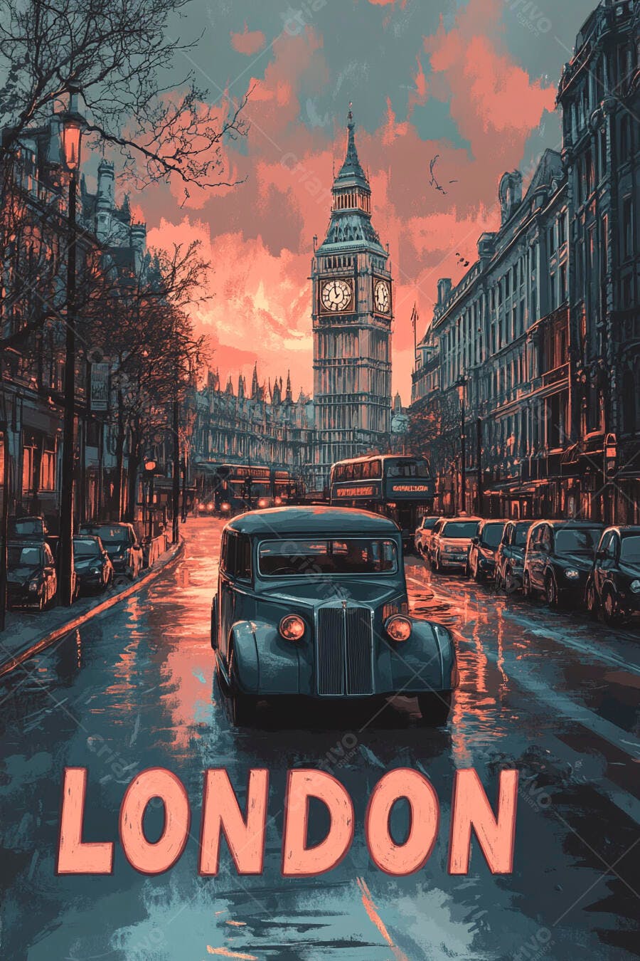Ilustração Londres pôr do sol com Big Ben e carro vintage