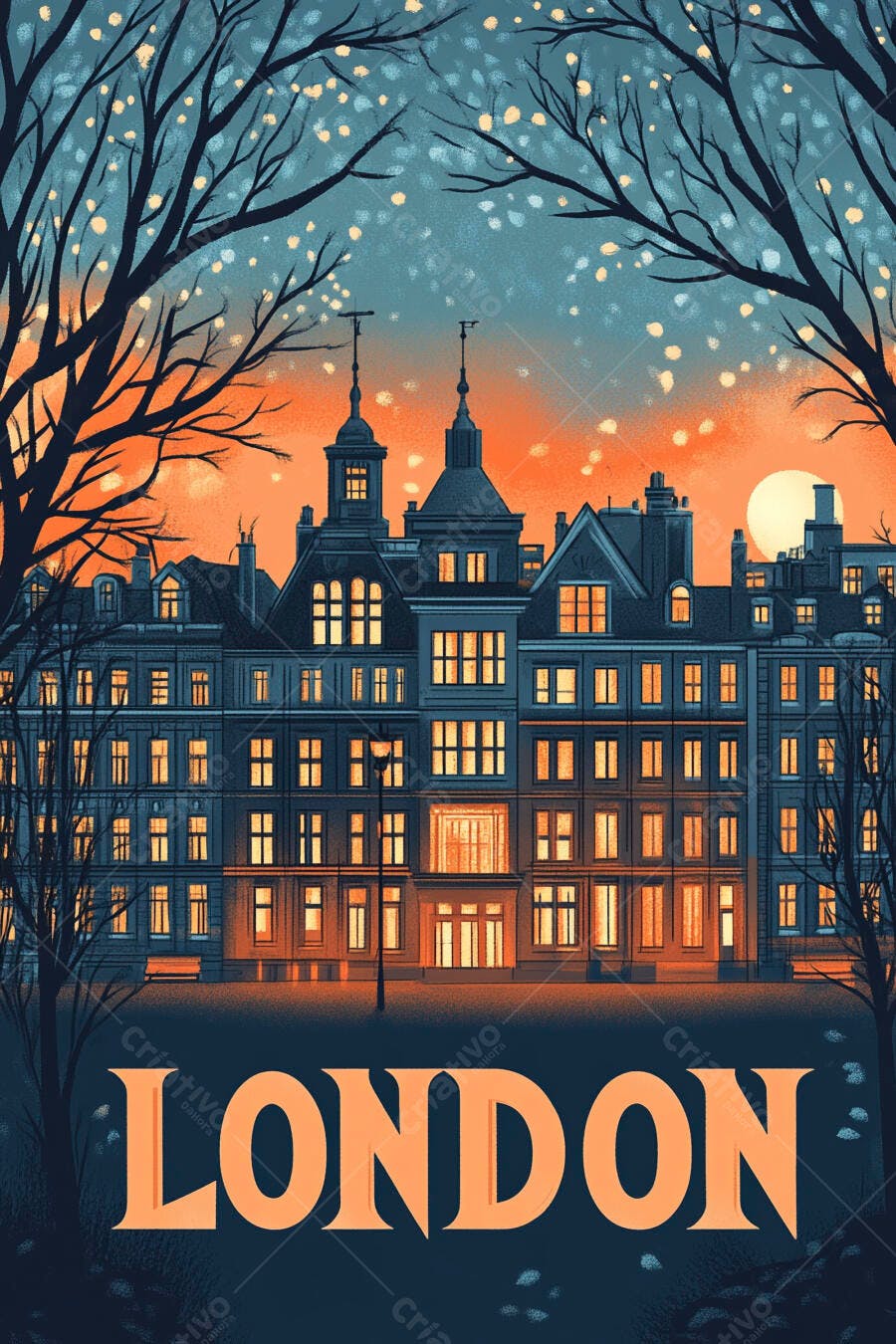 Londres edifícios históricos iluminados ao entardecer com árvores