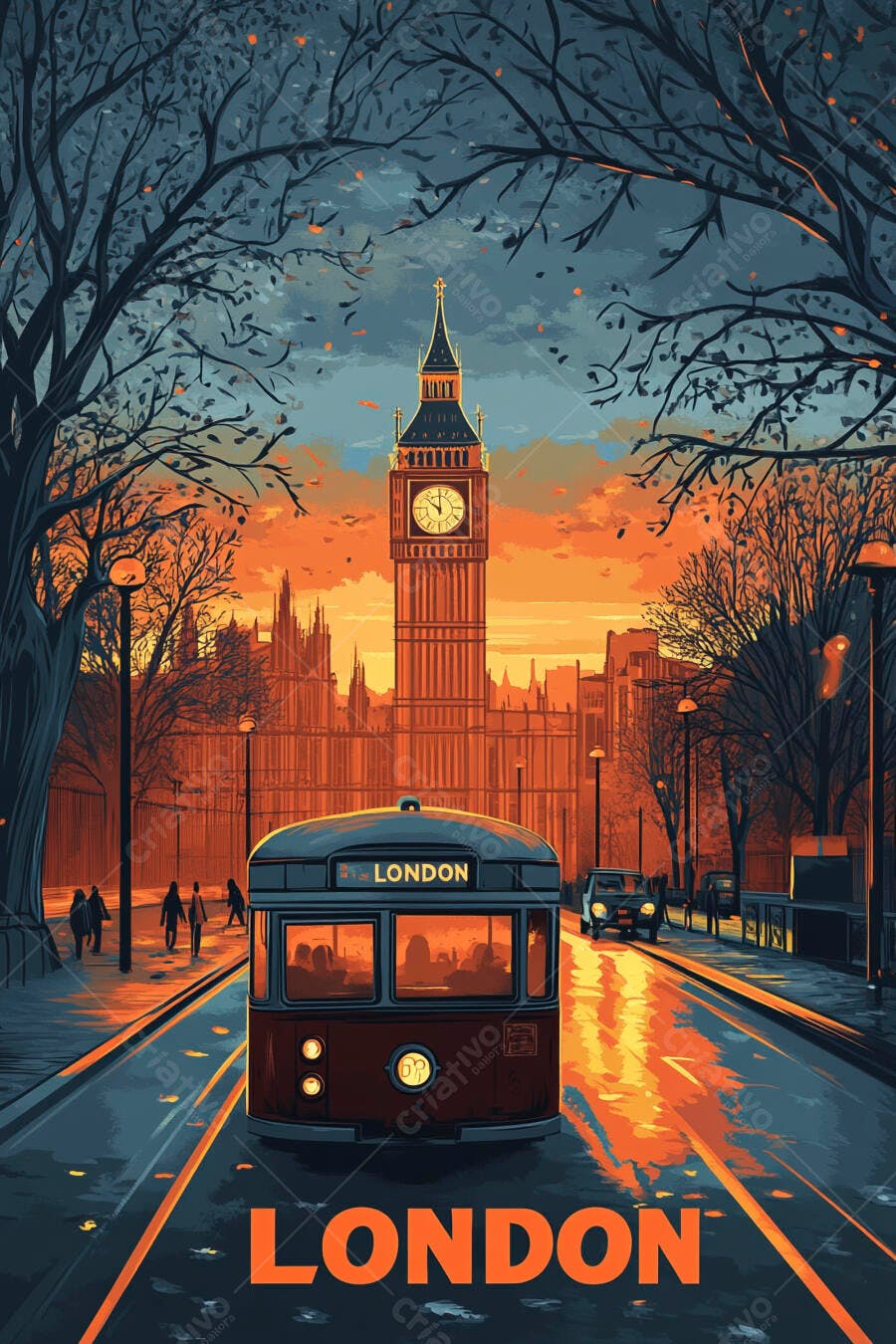 Bonde urbano em rua de Londres com Big Ben ao pôr do sol laranja