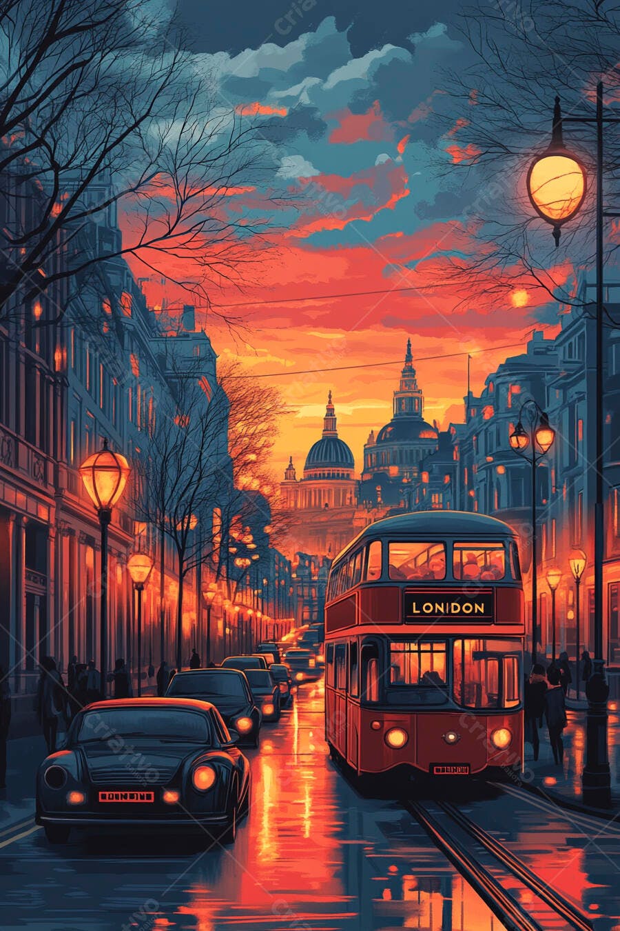 Ônibus vermelho Londres pôr do sol rua molhada Catedral São Paulo