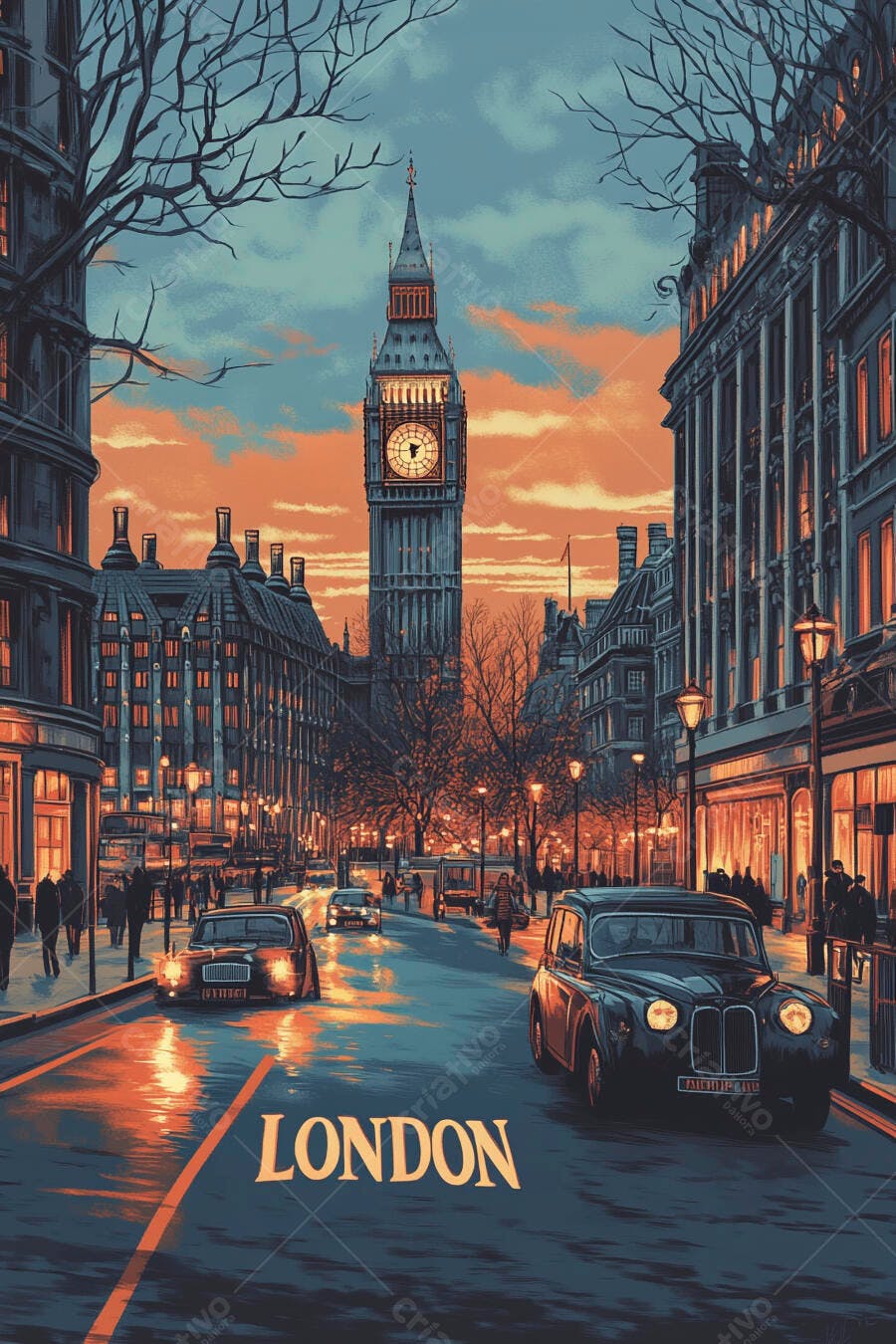 Big Ben e rua de Londres ao entardecer com táxis clássicos e prédios iluminados