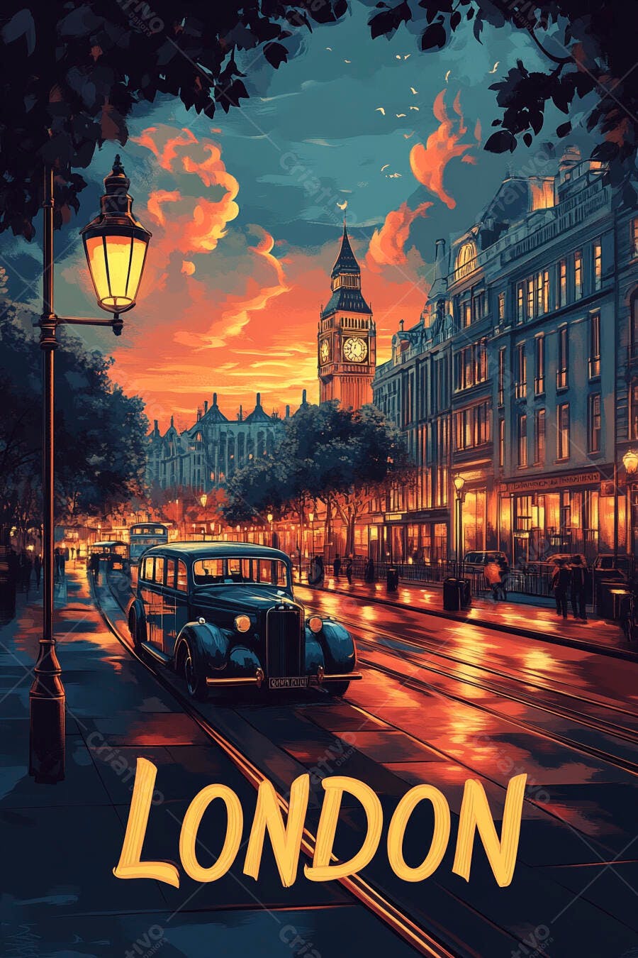Londres pôr do sol carro vintage Big Ben e lampião aceso na rua molhada
