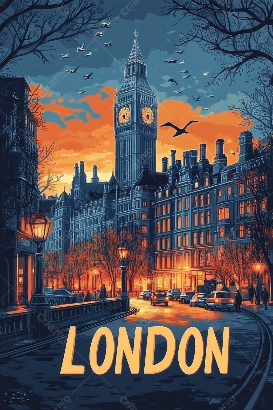 Big Ben em Londres ao pôr do sol azul e laranja com rua movimentada e letreiro