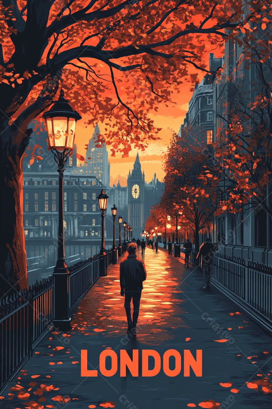 Homem caminhando em Londres ao entardecer outonal com Big Ben iluminado
