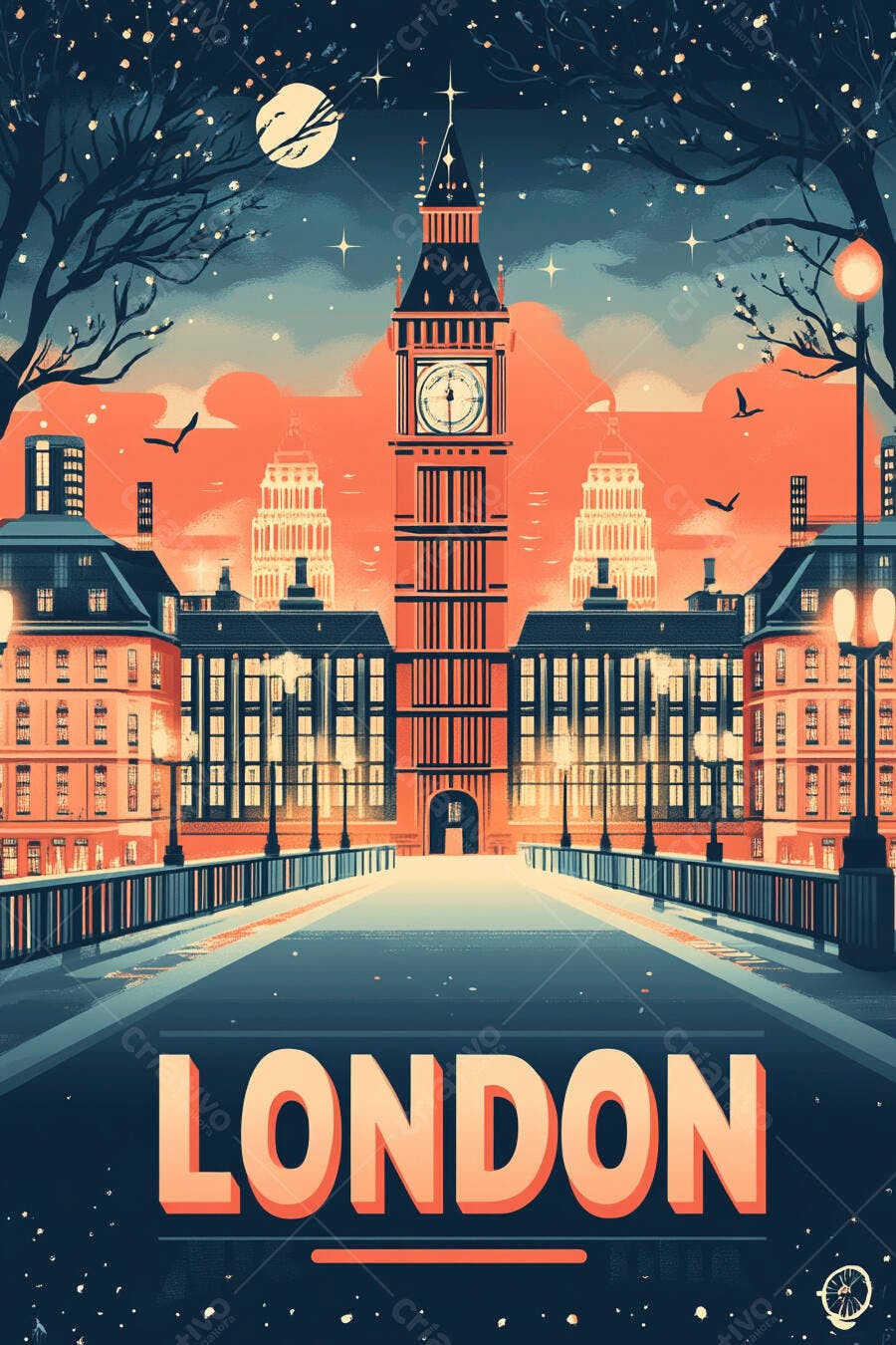 Big Ben em Londres ao entardecer com lua e estrelas estilo pôster vintage