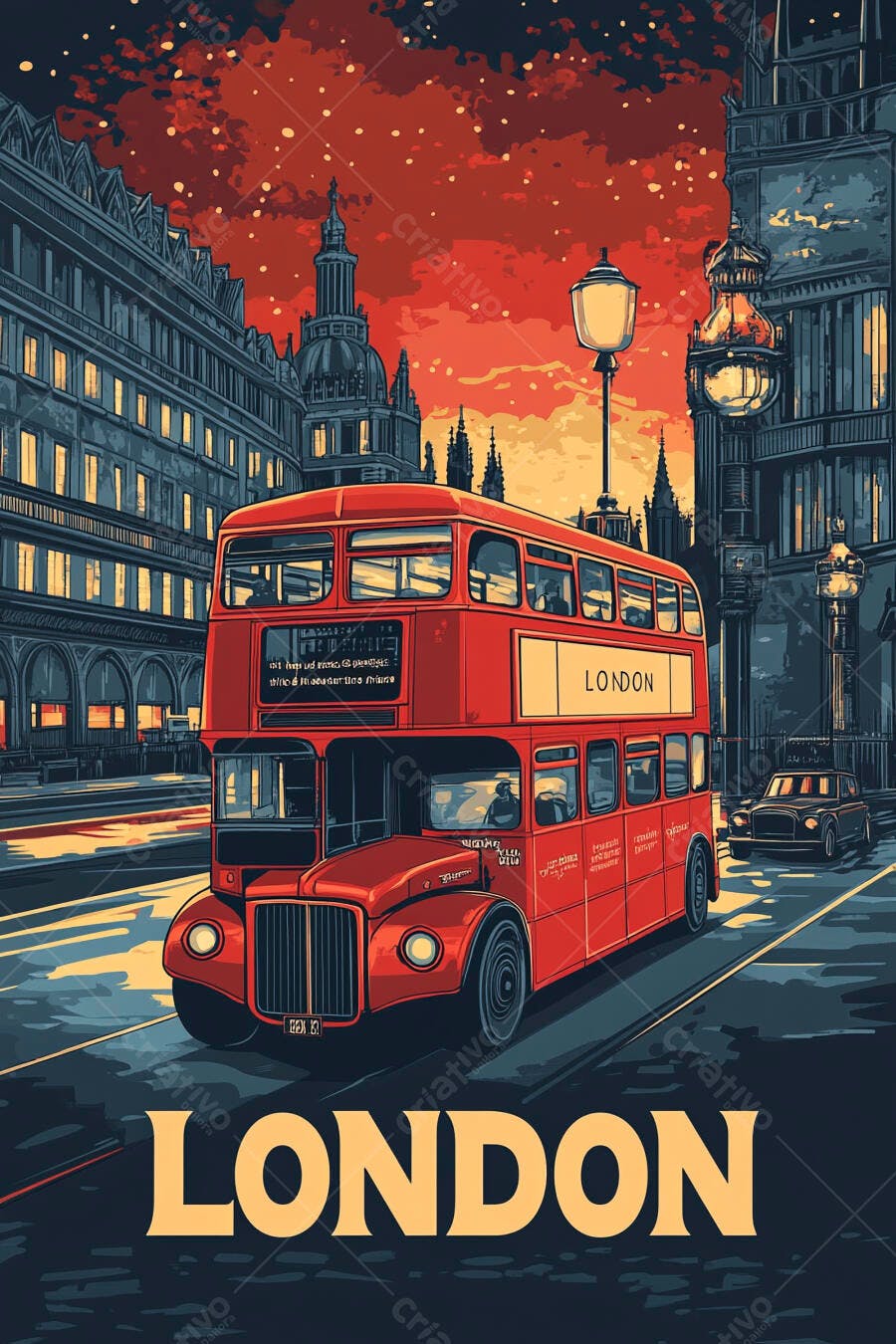 Ônibus vermelho de dois andares em rua de Londres ao anoitecer com prédios escuros