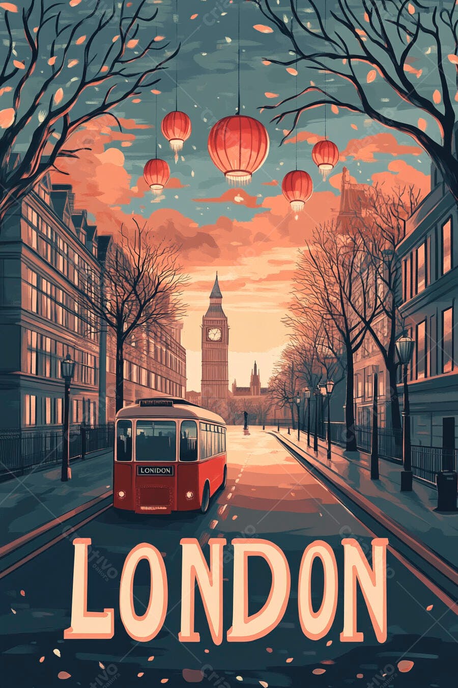 Londres ilustração ônibus vermelho Big Ben e céu alaranjado com lanternas