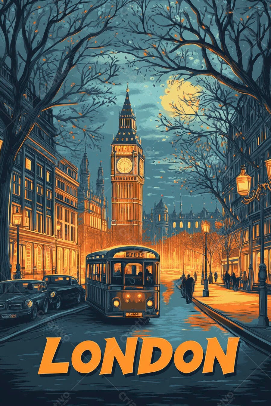 Noite em Londres Big Ben e bonde vintage em rua com árvores e pessoas