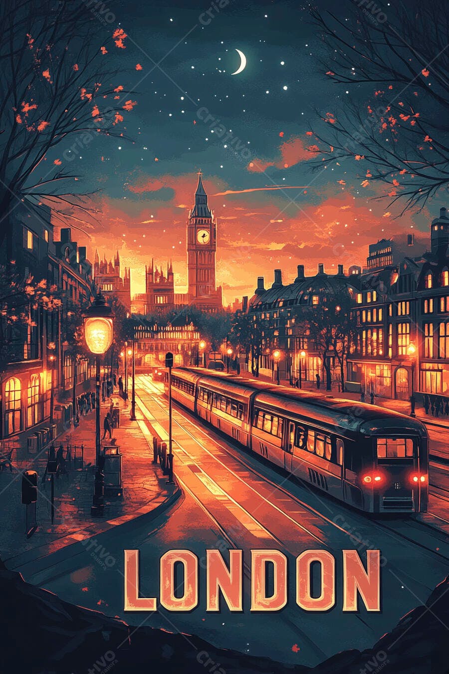 Londres noturna com Big Ben e bonde sob céu estrelado alaranjado