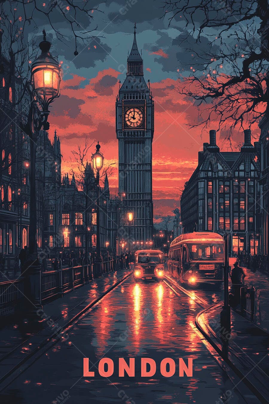 Big Ben no anoitecer com céu avermelhado e rua molhada em Londres