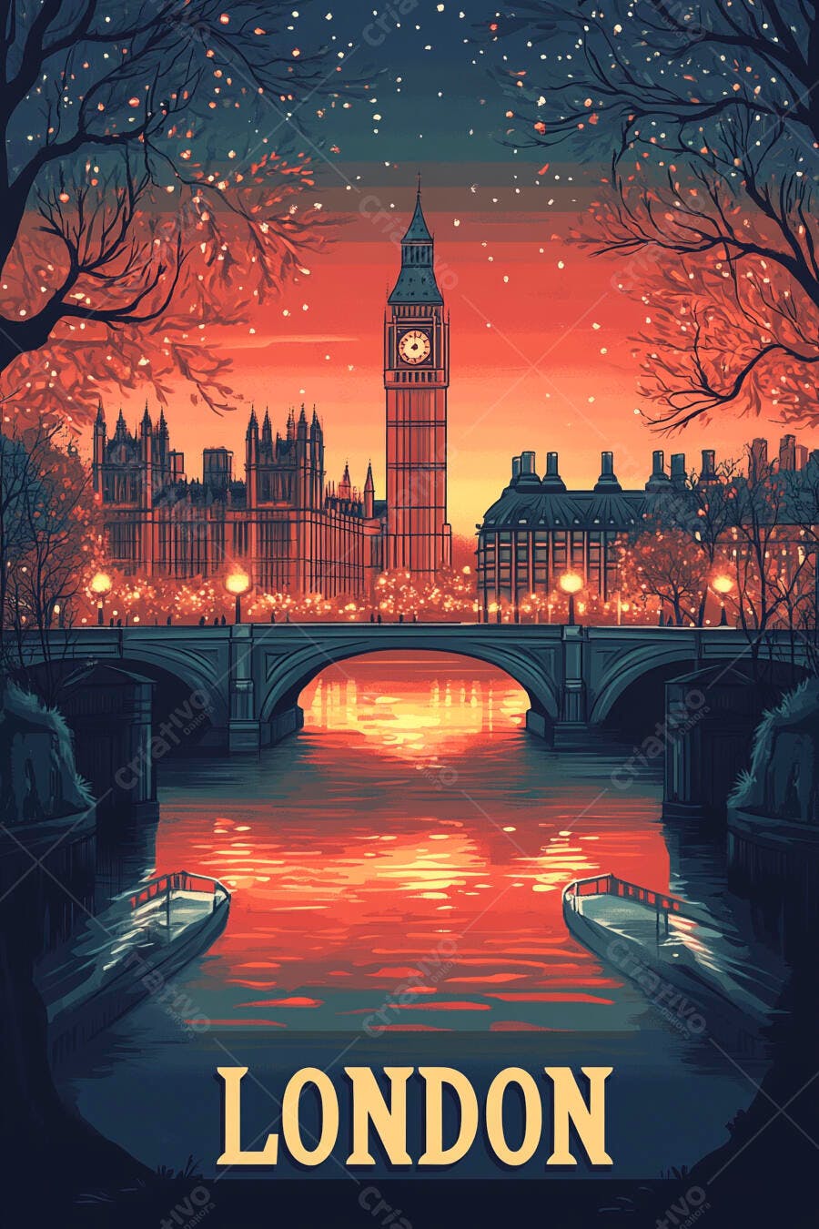 Big Ben e Londres ilustrados ao pôr do sol colorido sobre o rio Tâmisa