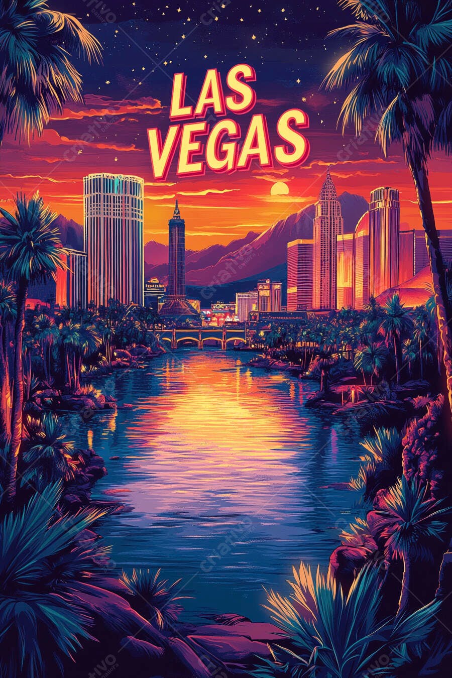 Las Vegas panorama vibrante ao pôr do sol com rio palmeiras e arranha-céus
