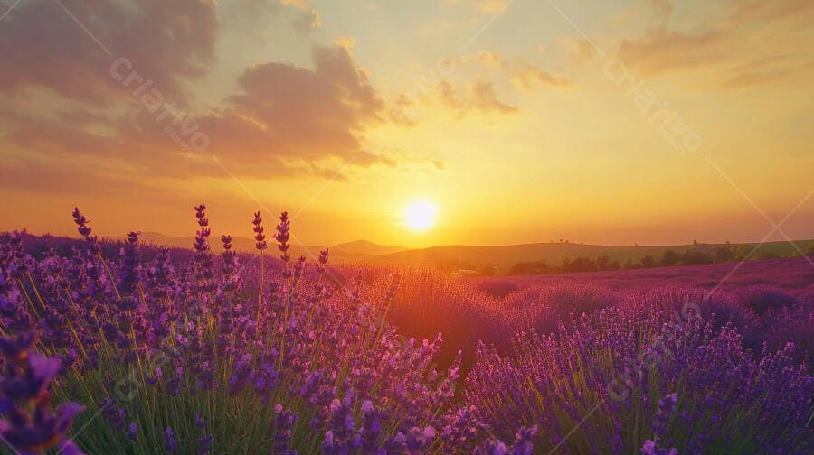 Campo de lavanda roxo vibrante ao pôr do sol dourado