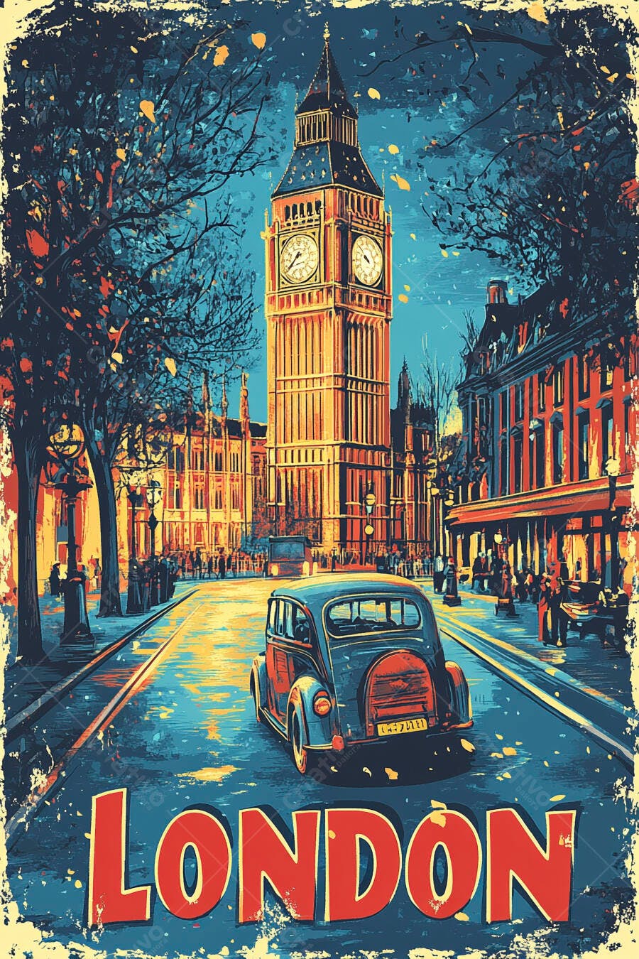 Big Ben e carro vintage em Londres ilustração noturna