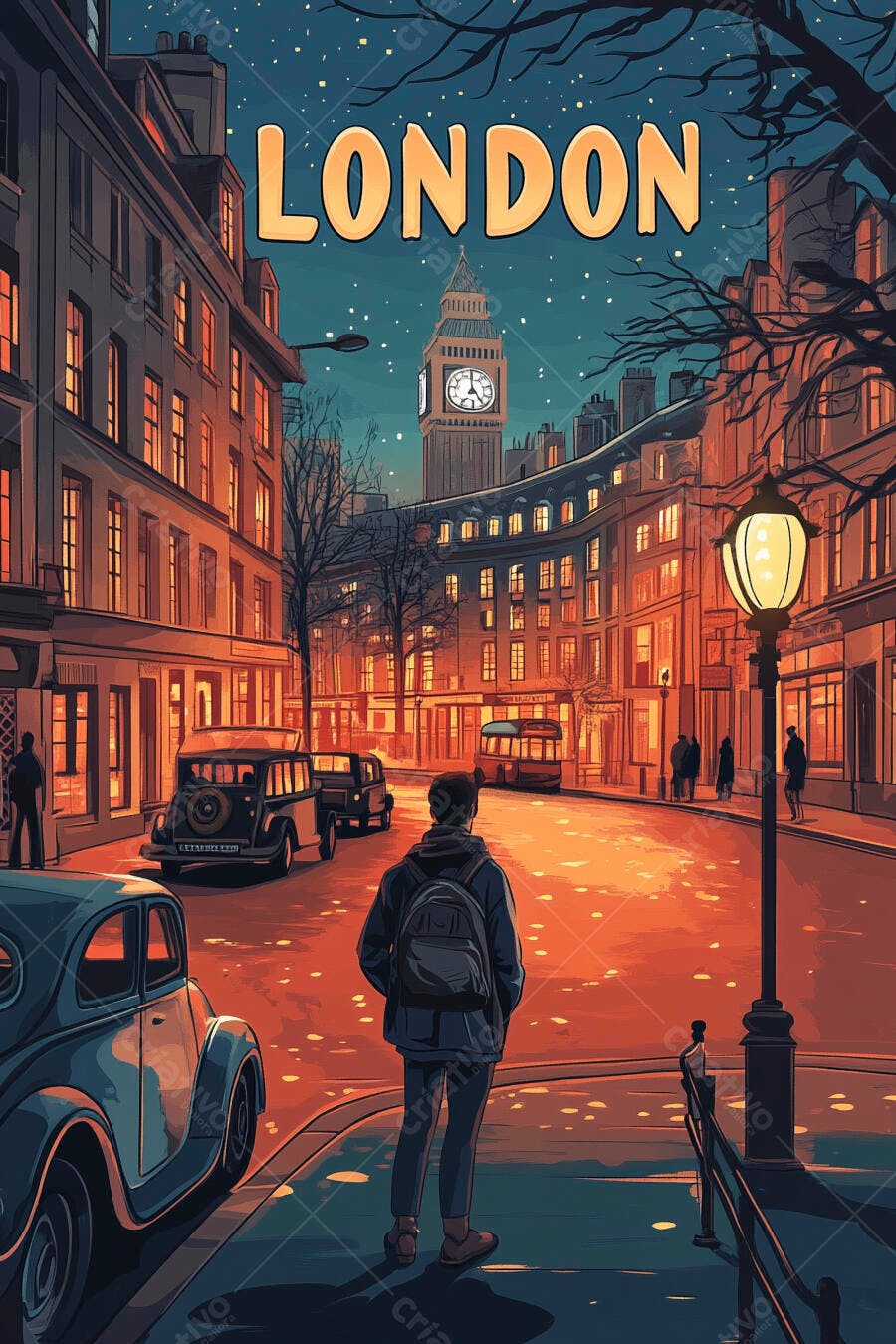 Homem com mochila em rua iluminada de Londres à noite com Big Ben