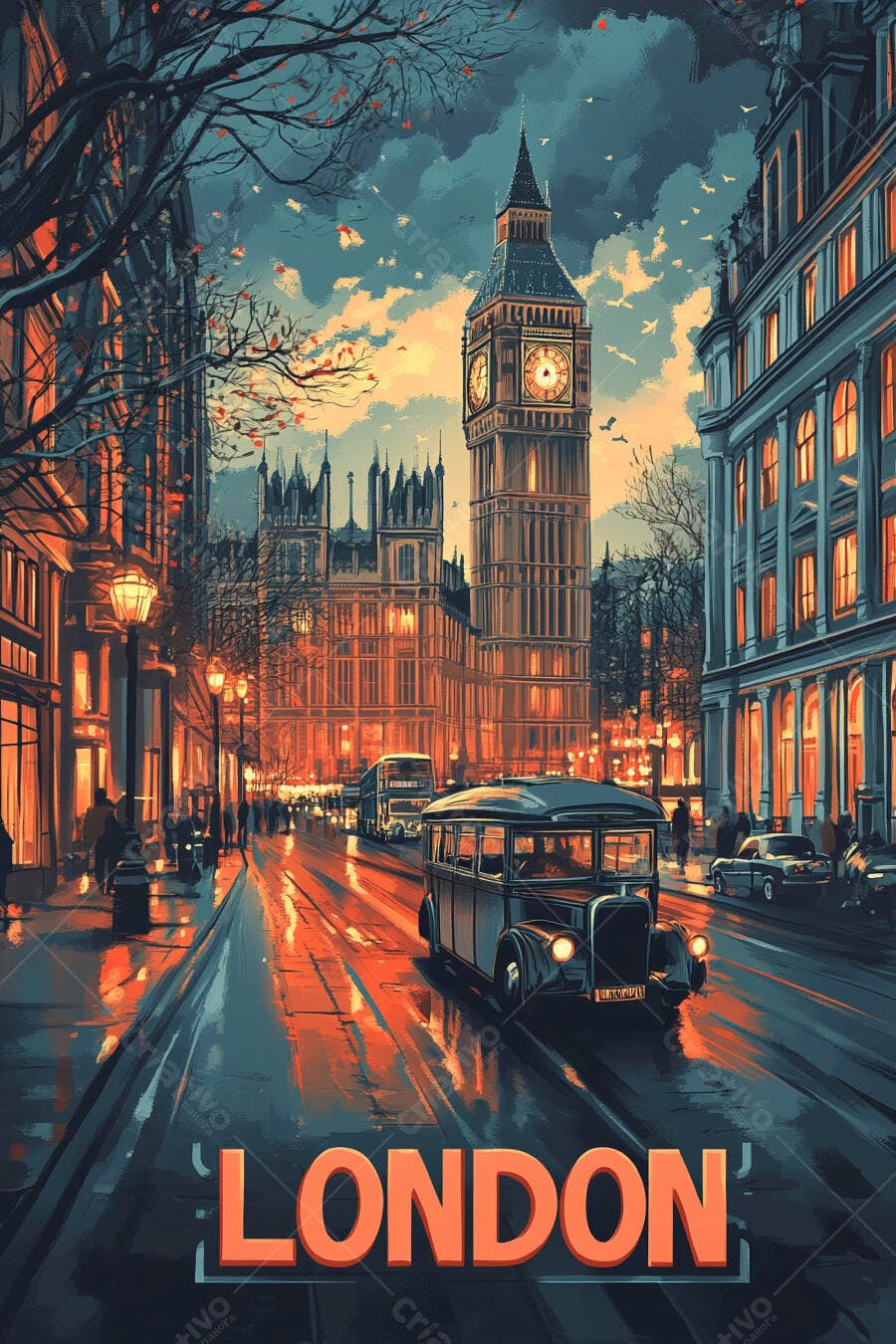Ilustração Londres Big Ben e carro clássico na rua molhada à noite