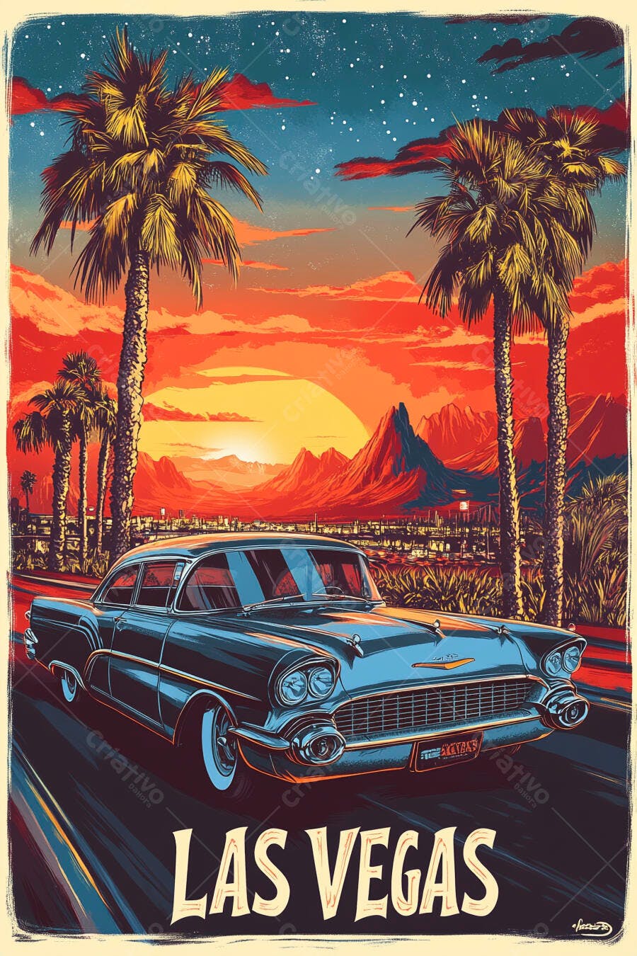 Carro clássico azul em Las Vegas pôr do sol com palmeiras e montanhas