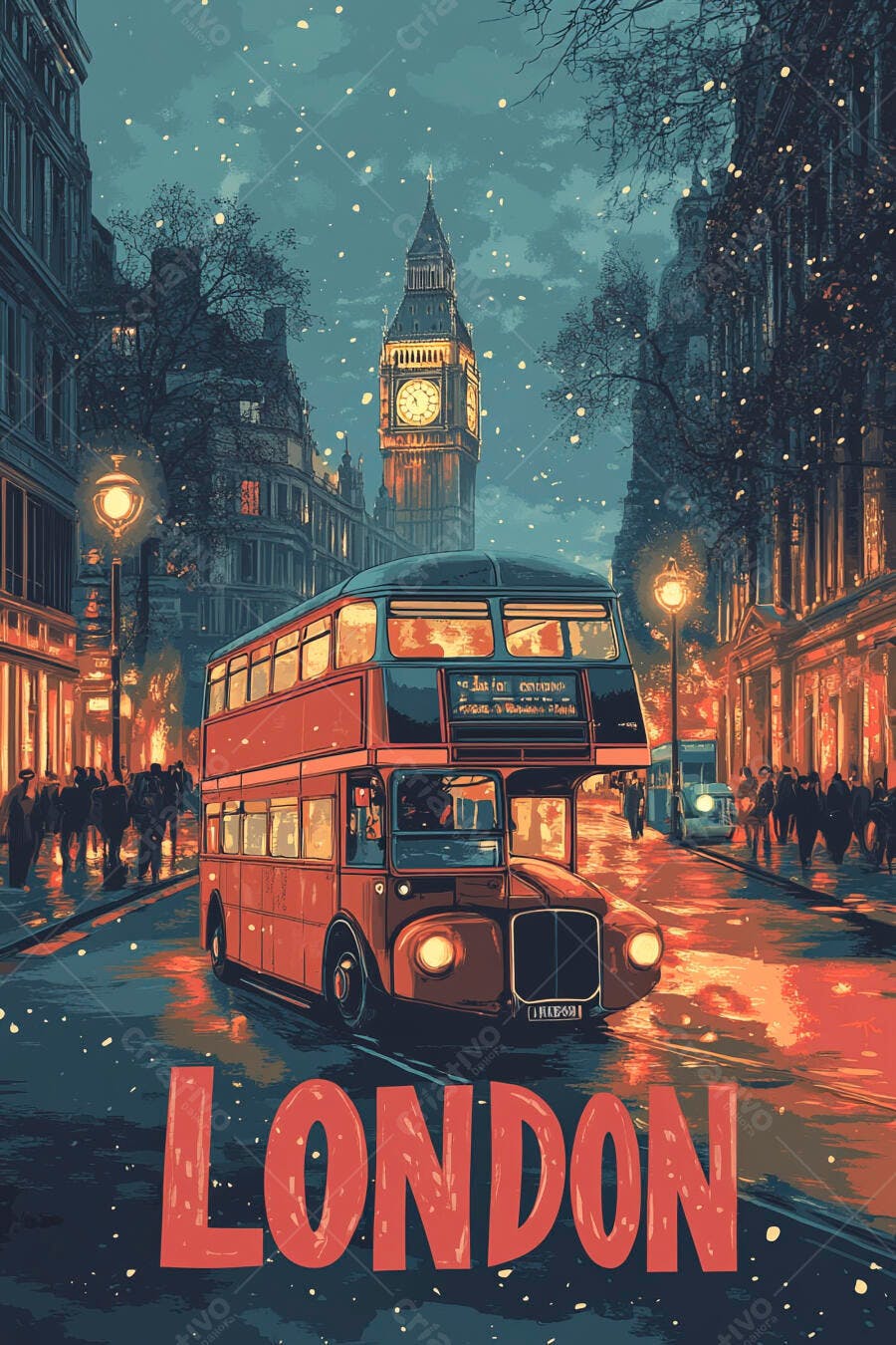 Ônibus vermelho de dois andares Big Ben iluminado neve caindo noite Londres
