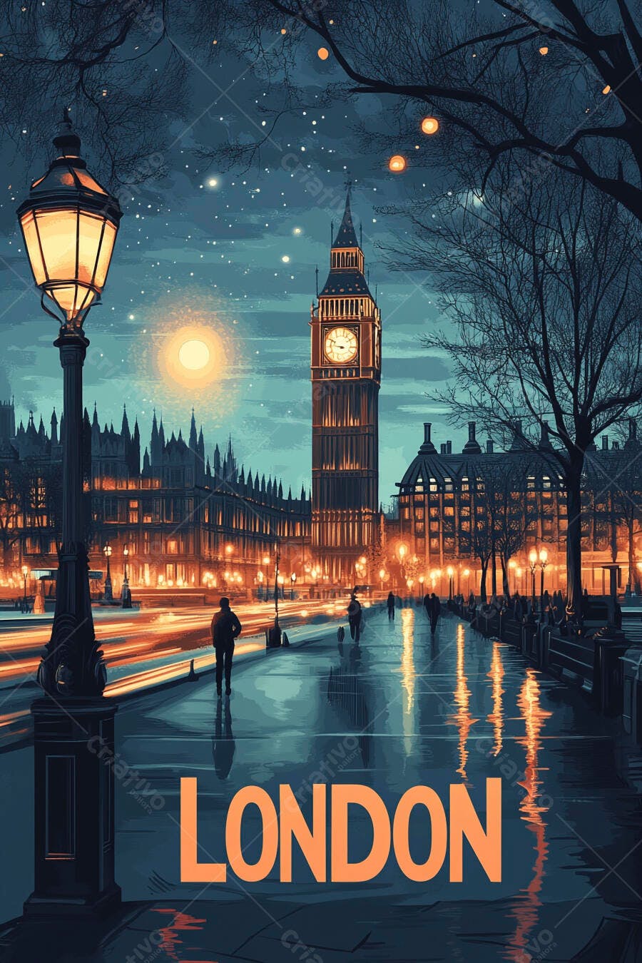 Big Ben e Palácio de Westminster à noite com rua molhada e luzes alaranjadas em Londres