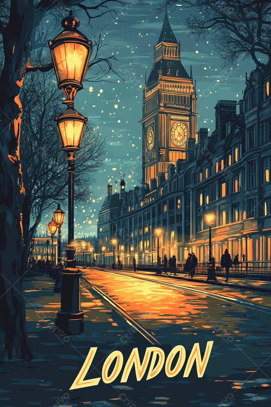 Big Ben Londres noturno rua iluminada por postes dourados e pessoas em estilo vintage