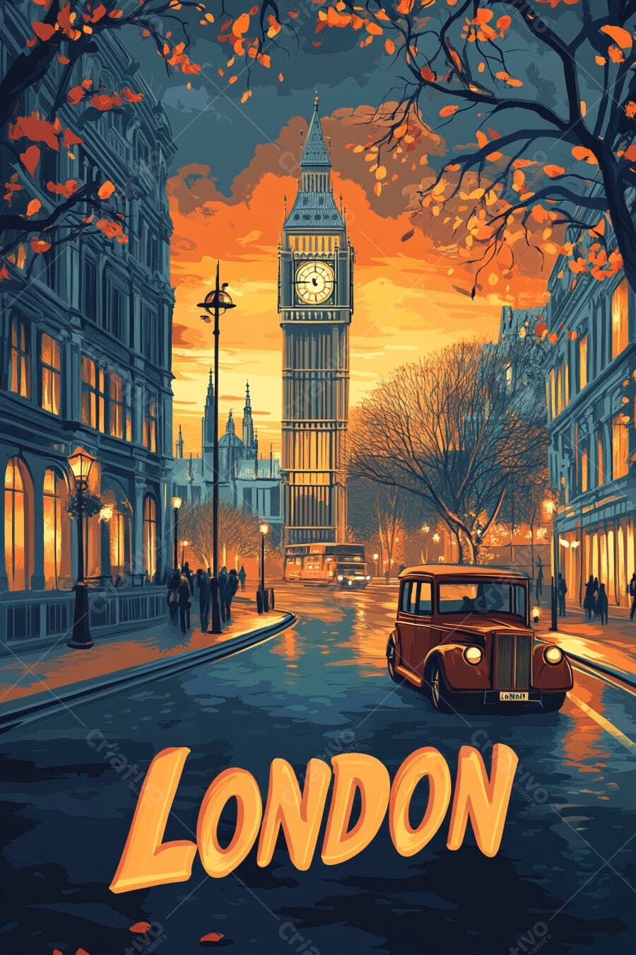 Londres Big Ben ao entardecer com carro vintage e folhas de outono