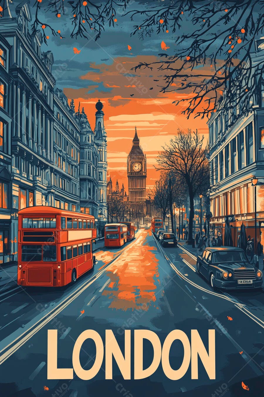 Ônibus vermelho em rua de Londres com Big Ben ao pôr do sol ilustração