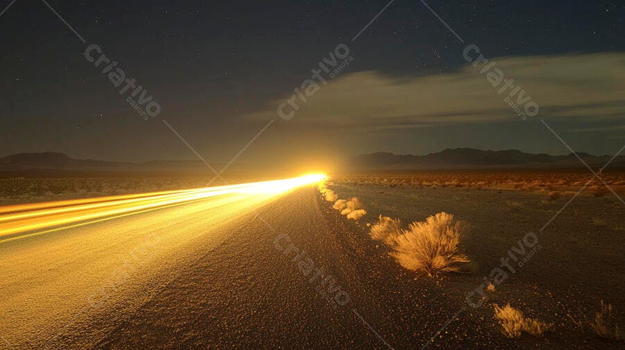 Estrada no deserto à noite com rastros de luz de carro e céu estrelado