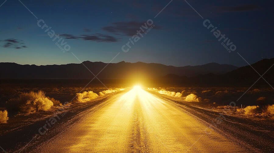 Estrada deserta iluminada por luz dourada intensa à noite nas montanhas