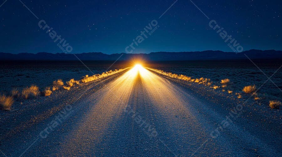 Estrada de terra no deserto à noite iluminada por faróis brilhantes sob céu estrelado