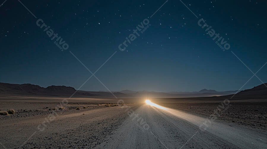 Carro viajando à noite em estrada de terra no deserto sob céu estrelado