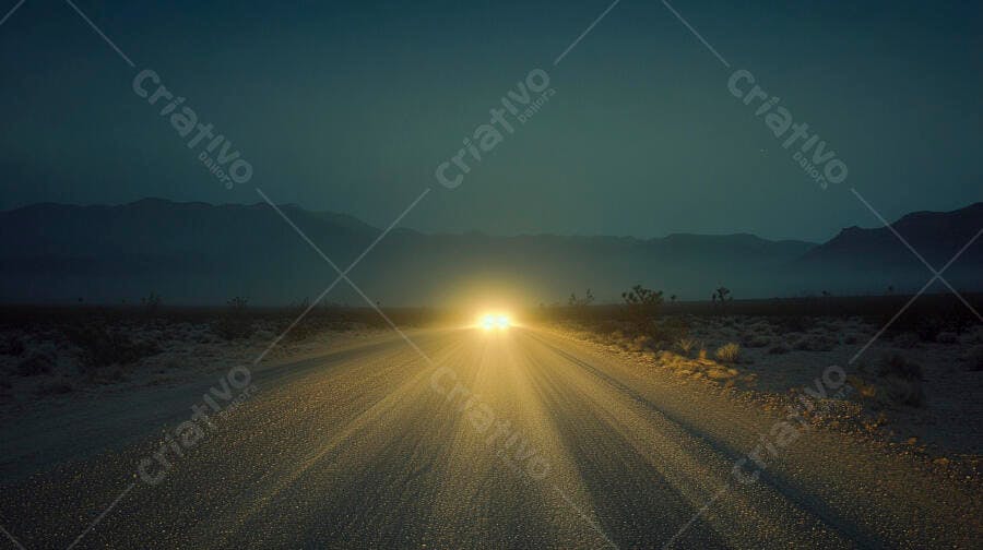 Estrada de terra com faróis de carro no deserto montanhoso ao anoitecer