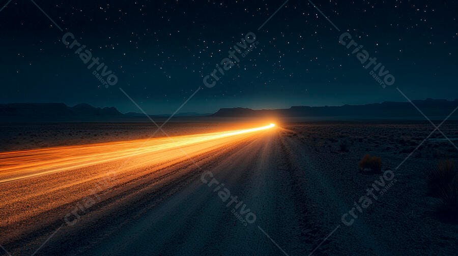 Estrada no deserto à noite com rastros de luz laranja sob céu estrelado