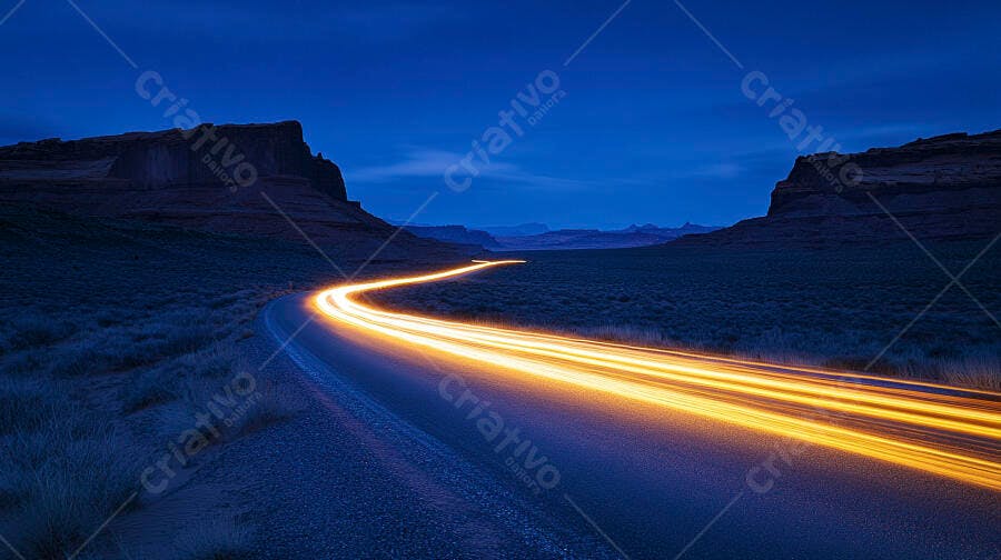 Estrada sinuosa com rastros de luz dourados no deserto ao anoitecer