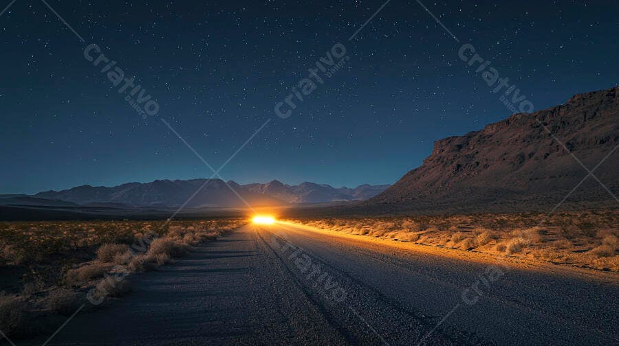 Faróis de carro iluminando estrada deserta sob céu estrelado