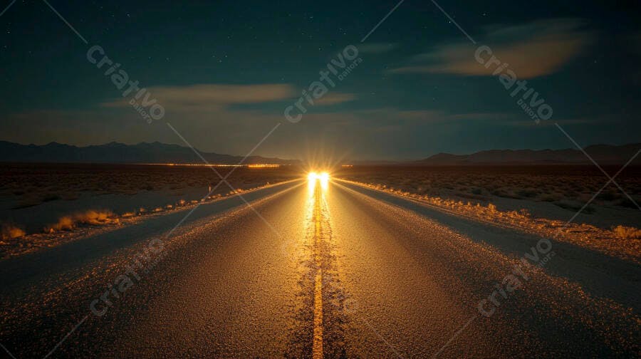 Estrada deserta à noite com faróis de carro iluminando a pista sob céu estrelado