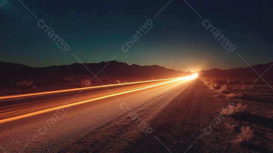 Estrada deserta noturna com rastros de luz de carro e montanhas distantes