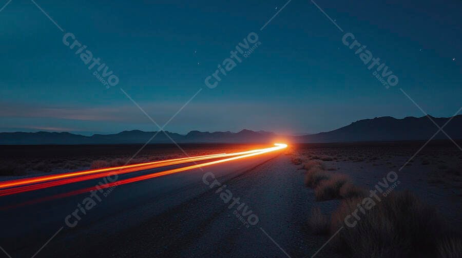 Carros na estrada noturna com rastros de luz laranja em deserto vasto