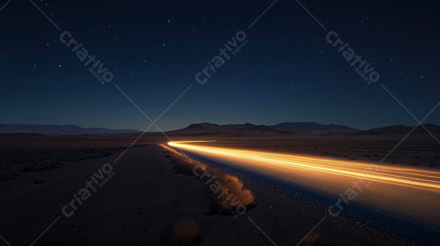 Estrada deserta com rastros de luz sob céu estrelado à noite