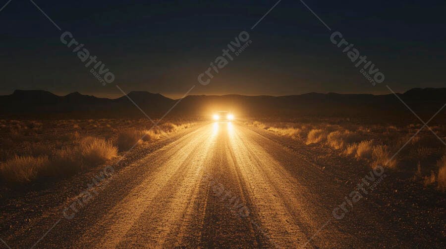 Carro com faróis acesos em estrada de terra escura no deserto à noite