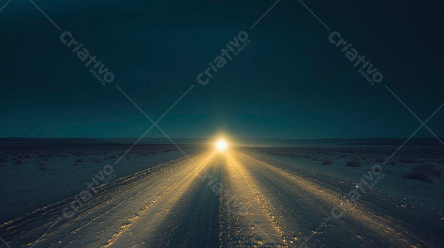 Luz forte iluminando estrada solitária no deserto noturno