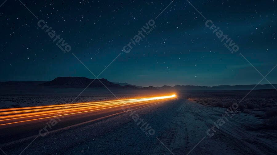 Estrada no deserto à noite com rastros de luz de veículo e céu estrelado