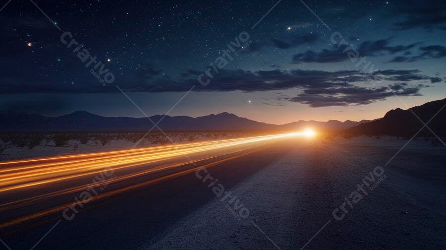 Trilhas de luz vibrantes em estrada deserta sob céu estrelado noturno
