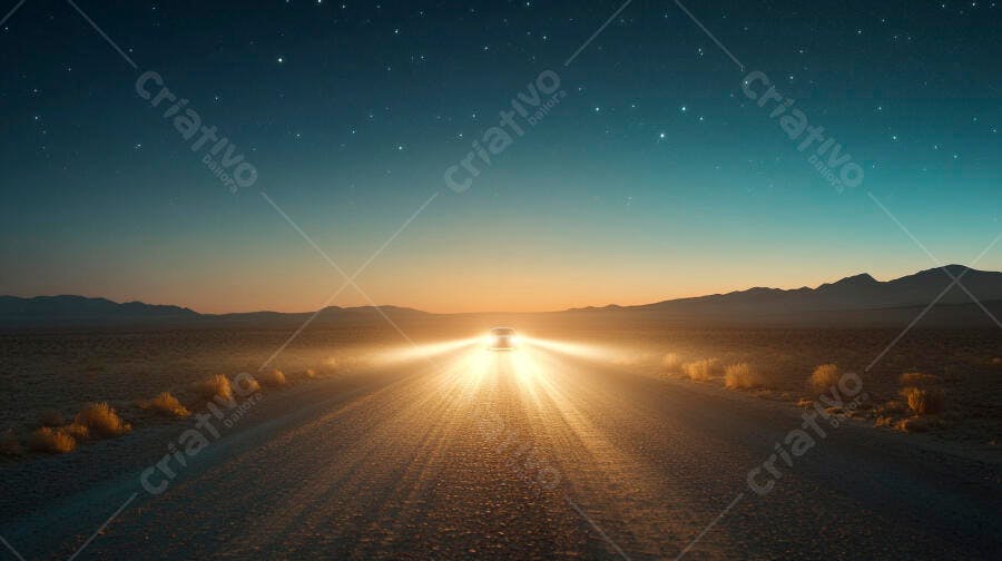 Carro viajando em estrada de terra ao amanhecer com estrelas no deserto